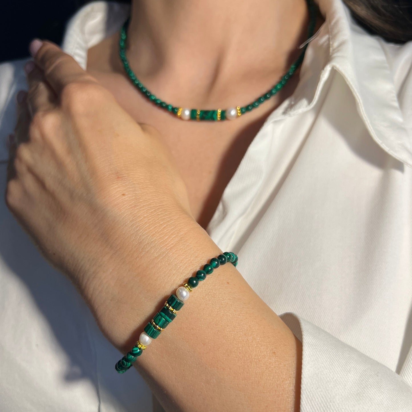 Set Perla Malachit - Brățară + Colier